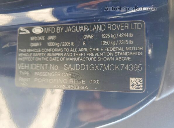 SAJDD1GX7MCK74395 2021 JAGUAR F-TYPE Синий Вид наклейки с VIN-кодом