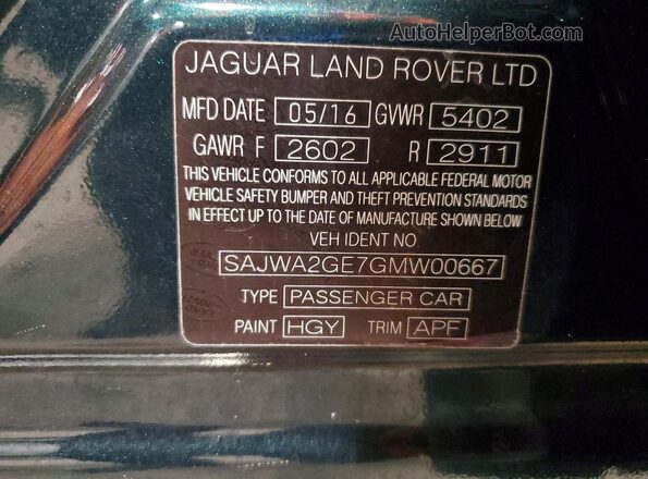 SAJWA2GE7GMW00667 2016 JAGUAR XJL Green VIN კოდის სტიკერის ხედი
