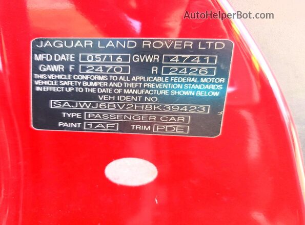 SAJWJ6BV2H8K39423 2017 JAGUAR F-TYPE Red Շարժիչի բաժամունքի տեսք