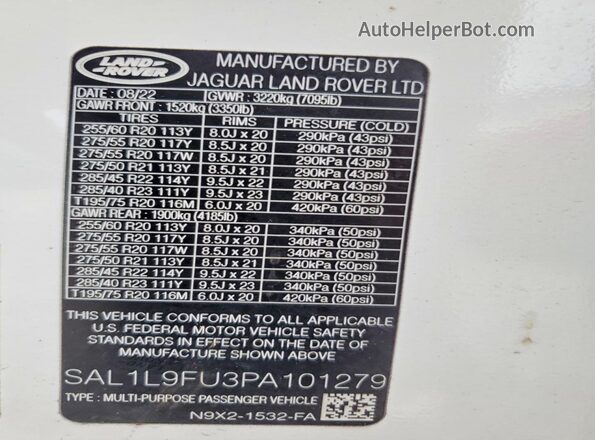 SAL1L9FU3PA101279 2023 LAND ROVER RANGE White VIN կոդի պիտակի տեսք