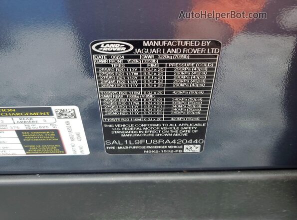 SAL1L9FU8RA420440 2024 LAND ROVER RANGE Gray VIN կոդի պիտակի տեսք