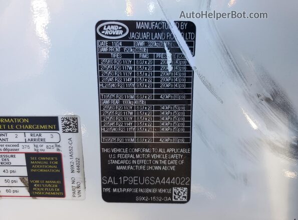 SAL1P9EU6SA444022 2025 LAND ROVER RANGE Белый 