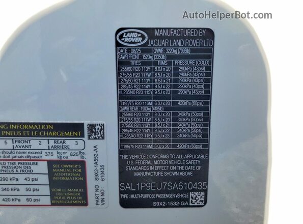 SAL1P9EU7SA610435 2025 LAND ROVER RANGE White Vista de la etiqueta del VIN