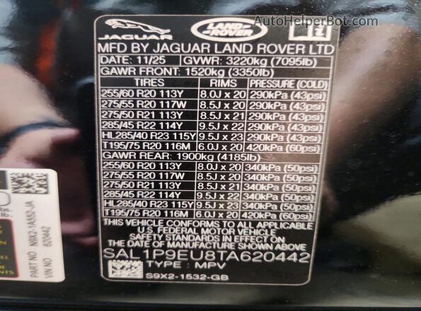 SAL1P9EU8TA620442 2026 LAND ROVER RANGE Black Vista de la etiqueta del VIN