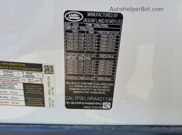 SAL1P9EU9RA421196 2024 LAND ROVER RANGE White VIN կոդի պիտակի տեսք