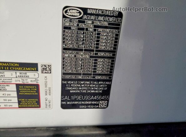 SAL1P9EU9SA456455 2025 LAND ROVER RANGE White Вид наклейки з VIN-кодом
