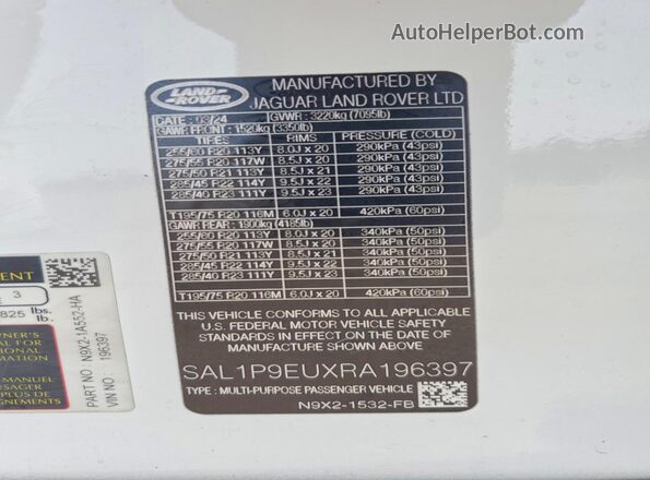 SAL1P9EUXRA196397 2024 LAND ROVER RANGE White VIN կոդի պիտակի տեսք