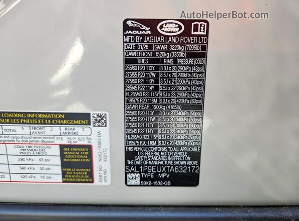 SAL1P9EUXTA632172 2026 LAND ROVER RANGE Gray VIN կոդի պիտակի տեսք