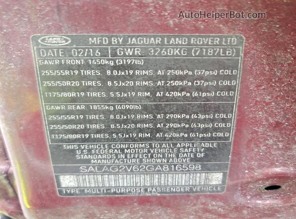 SALAG2V62GA816598 2016 LAND ROVER LR4 Burgundy Widok naklejki z numerem VIN
