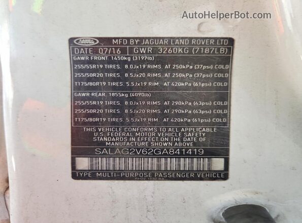 SALAG2V62GA841419 2016 LAND ROVER LR4 White Vista del compartimento del motor