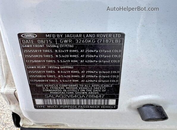 SALAG2V64GA788447 2016 LAND ROVER LR4 White VIN կոդի պիտակի տեսք