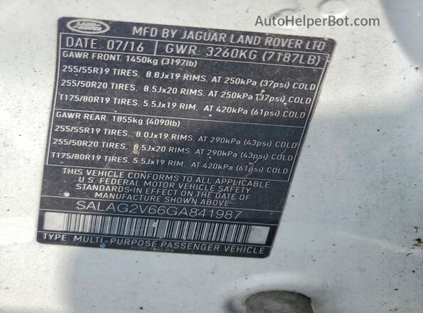SALAG2V66GA841987 2016 LAND ROVER LR4 Белый 