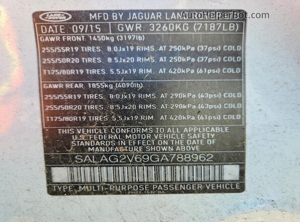 SALAG2V69GA788962 2016 LAND ROVER LR4 White VIN კოდის სტიკერის ხედი