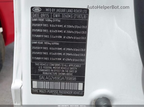 SALAG2V69GA789898 2016 LAND ROVER LR4 White Vista del compartimento del motor