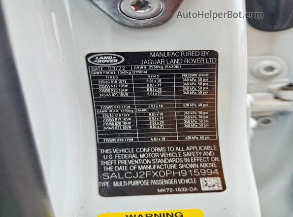 SALCJ2FX0PH915994 2023 LAND ROVER DISCOVERY White VIN კოდის სტიკერის ხედი