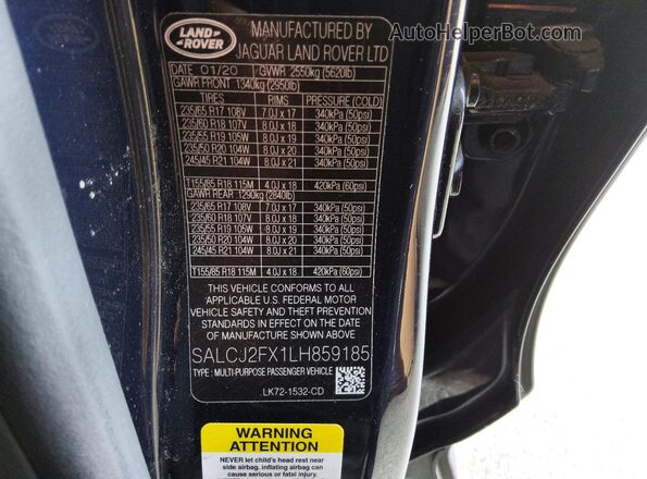 SALCJ2FX1LH859185 2020 LAND ROVER DISCOVERY Blue VIN կոդի պիտակի տեսք