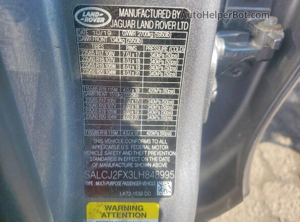 SALCJ2FX3LH848995 2020 LAND ROVER DISCOVERY Gray VIN sticker view