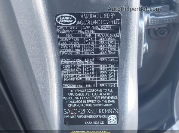 SALCK2FX5LH834979 2020 LAND ROVER DISCOVERY SPORT Gray Вид підкапотного простору