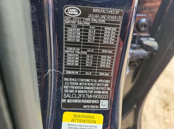 SALCL2FX7MH905033 2021 LAND ROVER DISCOVERY Blue VIN sticker view