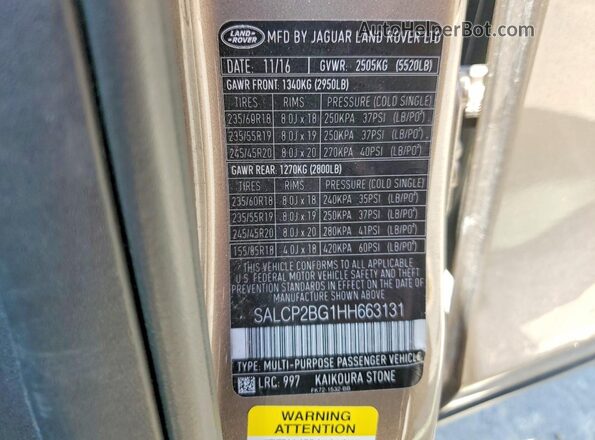 SALCP2BG1HH663131 2017 LAND ROVER DISCOVERY Gray VIN კოდის სტიკერის ხედი