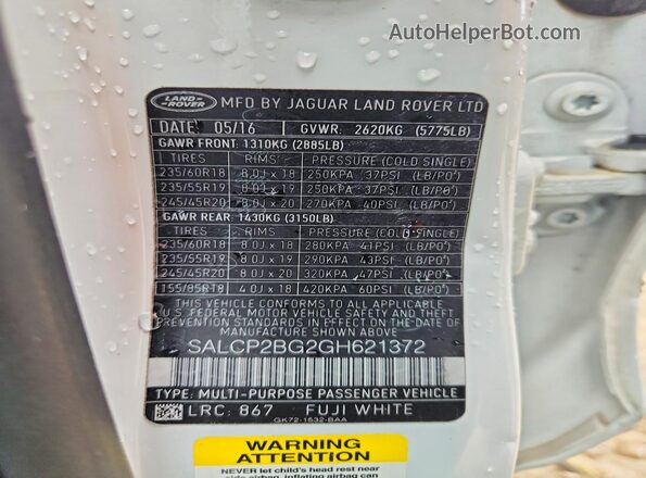 SALCP2BG2GH621372 2016 LAND ROVER DISCOVERY White Вид наклейки з VIN-кодом