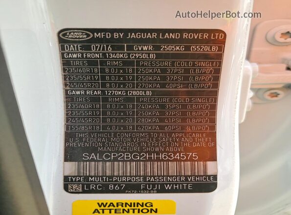 SALCP2BG2HH634575 2017 LAND ROVER DISCOVERY White Սալոնի 360 աստիճան տեսք