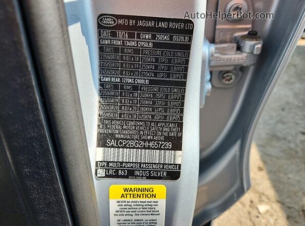 SALCP2BG2HH657239 2017 LAND ROVER DISCOVERY Silver VIN კოდის სტიკერის ხედი