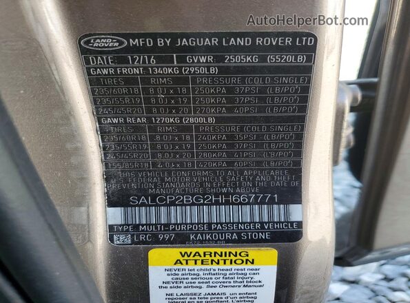 SALCP2BG2HH667771 2017 LAND ROVER DISCOVERY Cream Widok naklejki z numerem VIN