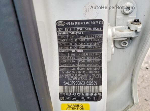 SALCP2BG6GH622539 2016 LAND ROVER DISCOVERY White Вид наклейки з VIN-кодом