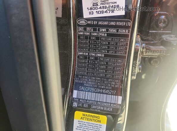 SALCP2BG9HH645217 2017 LAND ROVER DISCOVERY Black Вид наклейки з VIN-кодом