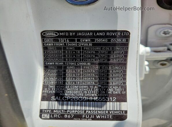 SALCP2BG9HH655312 2017 LAND ROVER DISCOVERY White Панорамний вид салону 360°