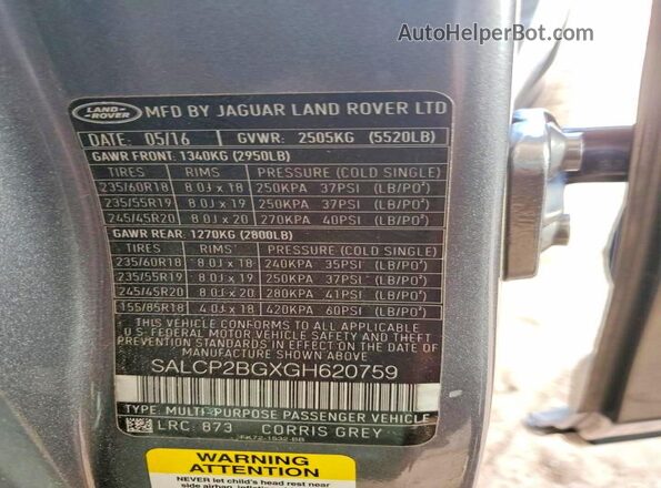 SALCP2BGXGH620759 2016 LAND ROVER DISCOVERY Gray Սալոնի 360 աստիճան տեսք