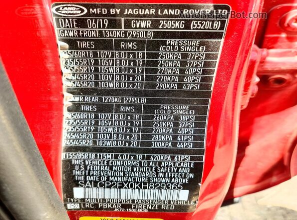 SALCP2FX0KH829365 2019 LAND ROVER DISCOVERY Красный Вид подкапотного пространства