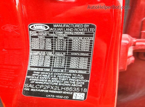 SALCP2FX2LH863518 2020 LAND ROVER DISCOVERY Red VIN კოდის სტიკერის ხედი