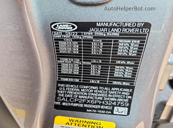 SALCP2FX6PH324759 2023 LAND ROVER DISCOVERY Gray VIN sticker view
