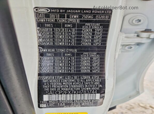 SALCP2FX7KH783744 2019 LAND ROVER DISCOVERY White VIN კოდის სტიკერის ხედი