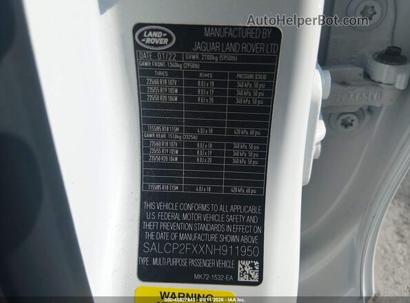 SALCP2FXXNH911950 2022 LAND ROVER DISCOVERY SPORT White Vista del compartimento del motor