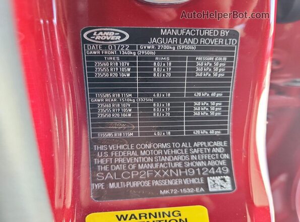 SALCP2FXXNH912449 2022 LAND ROVER DISCOVERY Red Widok naklejki z numerem VIN