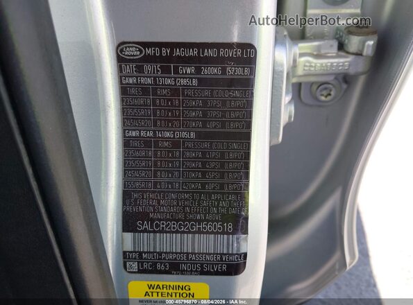 SALCR2BG2GH560518 2016 LAND ROVER DISCOVERY SPORT Silver Вид підкапотного простору