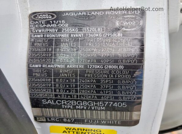 SALCR2BG8GH577405 2016 LAND ROVER DISCOVERY White 360 interior view