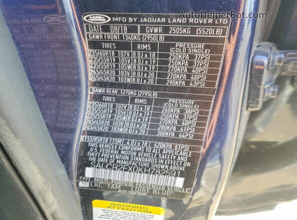 SALCR2FX0KH782591 2019 LAND ROVER DISCOVERY Blue Вид наклейки з VIN-кодом
