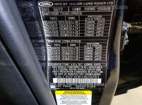 SALCR2FX0KH829781 2019 LAND ROVER DISCOVERY Black VIN კოდის სტიკერის ხედი