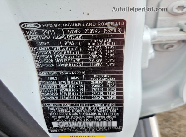 SALCR2FX1KH790523 2019 LAND ROVER DISCOVERY White VIN კოდის სტიკერის ხედი