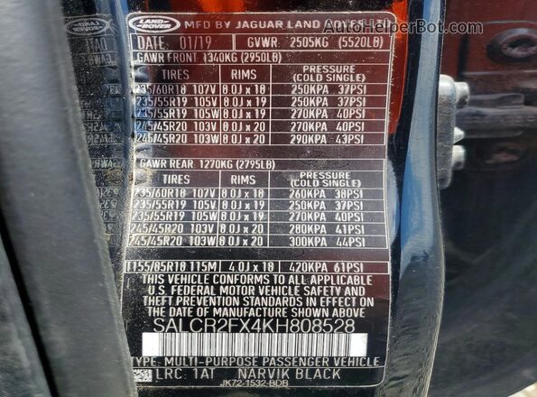 SALCR2FX4KH808528 2019 LAND ROVER DISCOVERY Black Вид наклейки з VIN-кодом