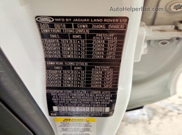 SALCR2FX9KH784694 2019 LAND ROVER DISCOVERY White 360 interior view