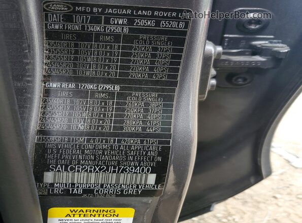 SALCR2RX2JH739400 2018 LAND ROVER DISCOVERY Gray VIN კოდის სტიკერის ხედი
