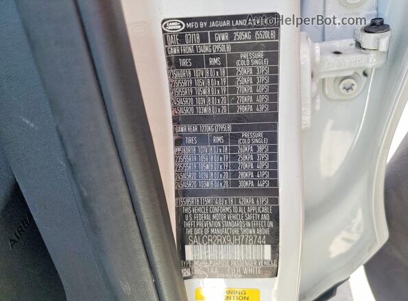 SALCR2RX9JH778744 2018 LAND ROVER DISCOVERY White Widok naklejki z numerem VIN