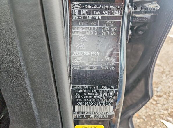 SALCR2SX3JH731526 2018 LAND ROVER DISCOVERY Black VIN sticker view