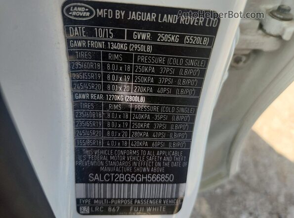 SALCT2BG5GH566850 2016 LAND ROVER DISCOVERY White Вид наклейки з VIN-кодом