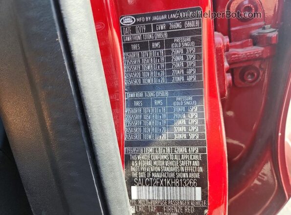 SALCT2FX1KH813266 2019 LAND ROVER DISCOVERY Red Панорамний вид салону 360°